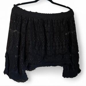 Black Crochet Off-Shoulder Top with Flowy Sleeves